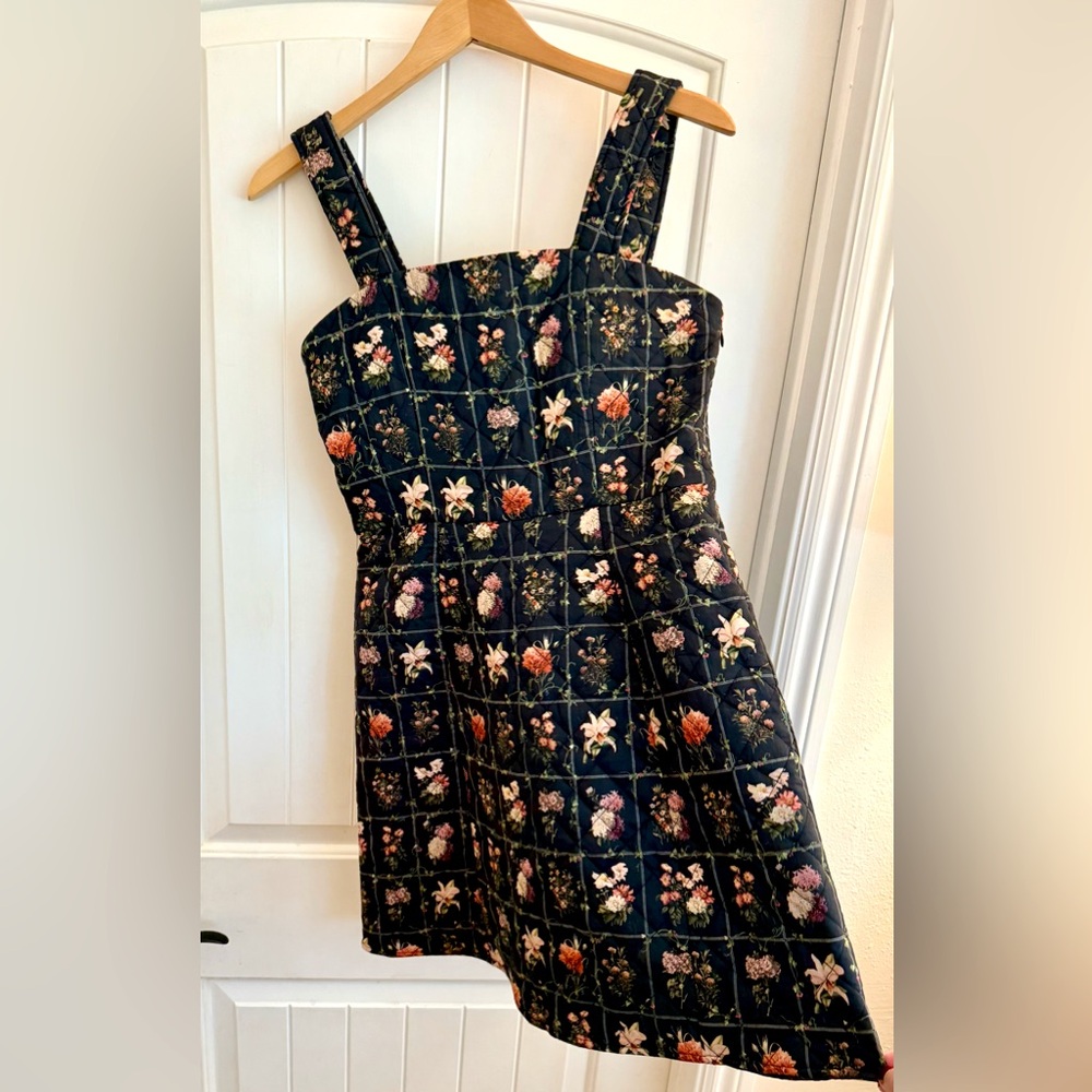 EDDY Black Floral Print Quilted Square Neck Sleeveless Mini Dress Size Medium - Picture 5 of 10
